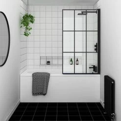 Arezzo Matt Black Grid Bath Screen with Curved Single Ended Bath -Bathroom Baths Shop AZBGRB d4 460