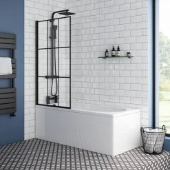 Arezzo Matt Black Grid Bath Screen with Curved Single Ended Bath -Bathroom Baths Shop AZBGRB nd3 460