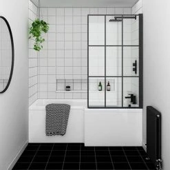 Arezzo Shower Bath - 1700mm L Shaped with Matt Black Grid Screen + Panel -Bathroom Baths Shop AZGL17 d4 460