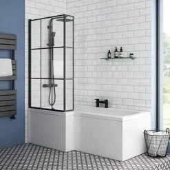 Arezzo Shower Bath - 1700mm L Shaped with Matt Black Grid Screen + Panel -Bathroom Baths Shop AZGL17 d5 460