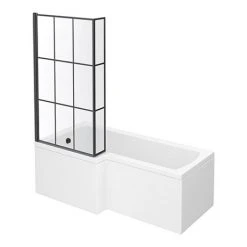 Arezzo Shower Bath - 1700mm L Shaped with Matt Black Grid Screen + Panel