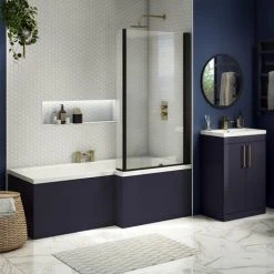 Arezzo Shower Bath - 1700mm L Shaped with Matt Black Screen + Matt Blue Panel -Bathroom Baths Shop AZLB17 d2 460