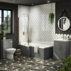 Arezzo Shower Bath - 1700mm L Shaped with Brushed Brass Screen + Matt Grey Panel -Bathroom Baths Shop AZLG17BB d3 460