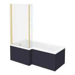 Arezzo Shower Bath - 1700mm L Shaped with Brushed Brass Screen + Matt Blue Panel
