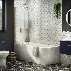 Arezzo Shower Bath (1700mm J Shaped with Brushed Brass Screen + Curved Panel)