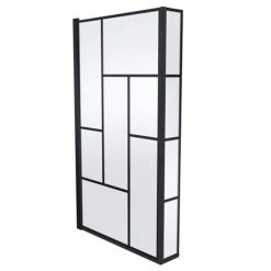 Venice Shower Bath - 1700 L Shaped w. Matt Black Abstract Grid Screen + Satin Blue Panel -Bathroom Baths Shop VAGL17B d2 460
