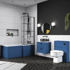 Venice Shower Bath - 1700 L Shaped w. Matt Black Abstract Grid Screen + Satin Blue Panel -Bathroom Baths Shop VAGL17B d4n 460