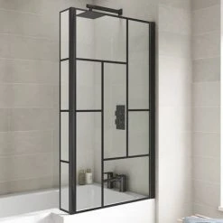 Venice Shower Bath - 1700 L Shaped w. Matt Black Abstract Grid Screen + Satin Grey Panel -Bathroom Baths Shop VAGL17G d3 460