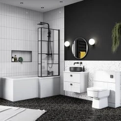 Venice Shower Bath - 1700 L Shaped w. Matt Black Abstract Grid Screen + Satin White Panel -Bathroom Baths Shop VAGL17W d4 460