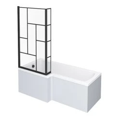Venice Shower Bath - 1700 L Shaped w. Matt Black Abstract Grid Screen + Satin White Panel