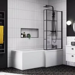 Venice Shower Bath - 1700mm L Shaped with Matt Black Abstract Grid Screen + Panel -Bathroom Baths Shop VAGL17 detail5 460