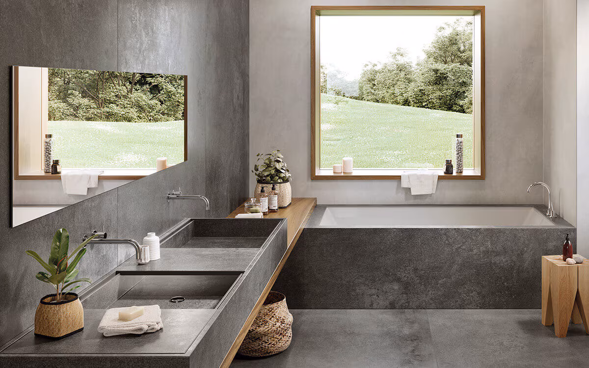Bathroom Baths Shop -Bathroom Baths Shop Bathroom with large format dark grey tiled bath panel